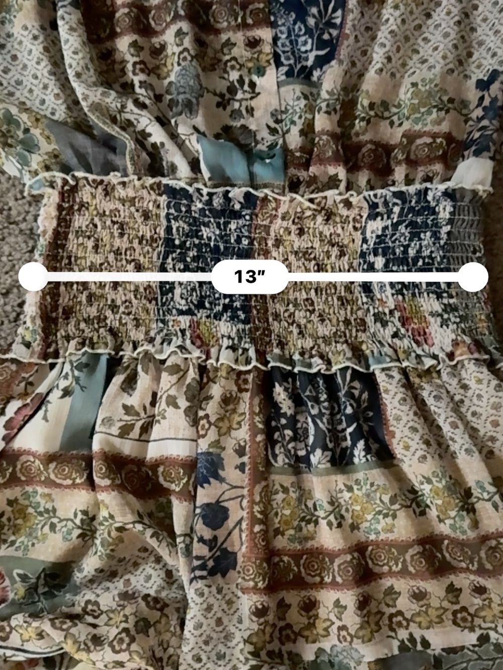 Zara Patchwork Floral Smocked Waist Dress in Blue, Cream & Brown - Picture 5 of 7
